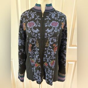 NorthStyle Black Floral Alpaca Blend Zip Up Cardigan Size M